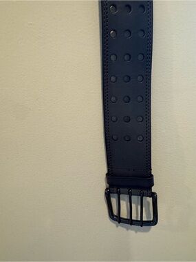 Linea Pelle Slate Blue Leather Wide Perforated Belt 3-Prong Buckle NWOT Sz S